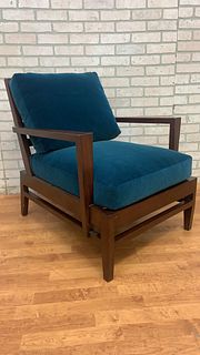 Vintage French Modern RenÃ© Gabriel Cherry Wood Slat Back Lounge Chair Newly Upholstered in Plush Teal Italian Mohair