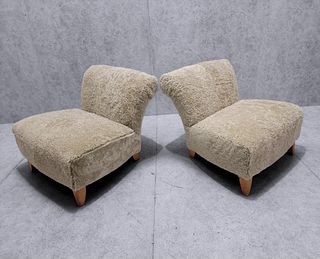 Mid Century Modern Swedish Scroll Back Slipper Chairs Newly Upholstered in Natural Sheeps-Wool - Pair