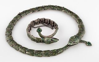 ENAMELLED SILVER SNAKE NECKLACE AND BRACELET SUITE, MELESIO RODRIGUEZ OF MARGOT DE TAXCO, MEXICO, MID 20TH CENTURY