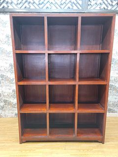 Vintage Chinese Red Lacquered Elmwood Cube Bookcase