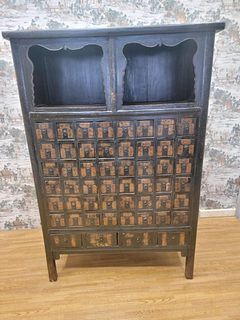 Elegantly Crafted Vintage Black Apothecary Cupboard: Shanxi Province's Finest Hand-Painted Lacquer Tall Cabinet