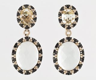 A PAIR OF GREEN AMETHYST EARRINGS WITH WHITE AND BLACK DIAMONDS