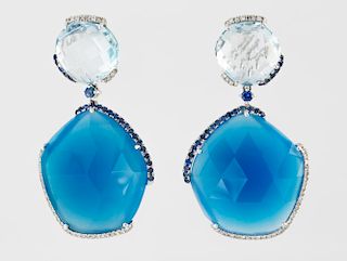A PAIR OF STATEMENT EARRINGS WITH BLUE TOPAZ, AGATE, SAPPHIRES AND DIAMONDS