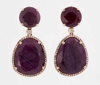 A PAIR OF ROSE GOLD AND RAW RUBY EARRINGS WITH DIAMONDS