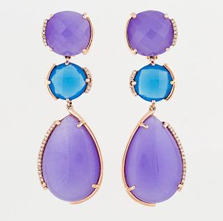 A PAIR OF PURPLE JADE AND BLUE AGATE EARRINGS WITH DIAMOND ACCENTS