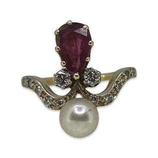 ANTIQUE PEARL, DIAMOND AND RUBY RING