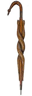 345. Twin Snake Folk-Art Cane – Ca. 1860 – A carved and decorated twin snake cane, 2.5 inch metal collar, carved bird han