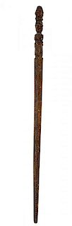 350. English Folk-Art Cane – Ca. 1830 – A one-piece carved Jacobian style cane with four figures carved below the pineapp