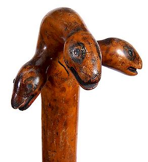 361. Turtle Head Folk-Art Cane – Ca. 1880 – An unusual natural grown one-piece shaft with 3 turtle heads with open mouths