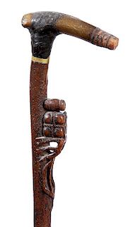 366. Folk-Art Cane – Ca. 1890 – An unusual horn handle which is attached to the shaft by tar, brass collar, missing endca