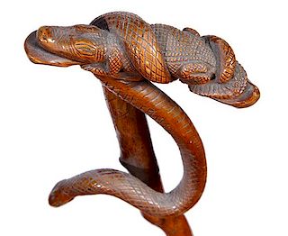 376. Alligator and Snake Folk-Art Cane – Ca.  Early 20th Century – A carved alligator with a large snake wrapped around i
