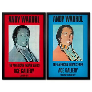 Andy Warhol (1928-1987), "The American Indian Series 2 Piece Set (Red & Blue)" Framed Vintage Posters (33" x 51") from Ace Gallery with Letter of Auth