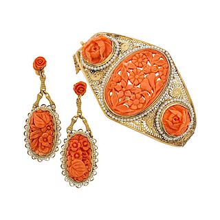 CARVED CORAL, SEED PEARL & YELLOW GOLD FILIGREE JEWELRY