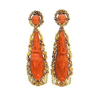 VICTORIAN CARVED CORAL & YELLOW GOLD EARRINGS