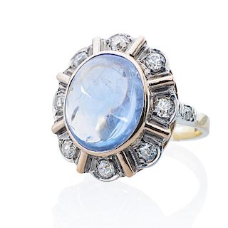 ANTIQUE SAPPHIRE, DIAMOND & SILVER TOPPED GOLD RING