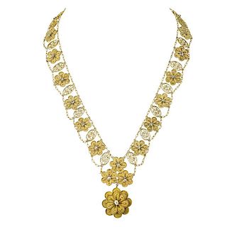 CANNETILLED YELLOW GOLD & PEARL FLORAL NECKLACE