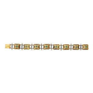 FRENCH EMERALD, DIAMOND & SEED PEARL YELLOW GOLD LINK BRACELET