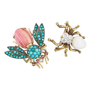 TWO SUBSTANTIAL GEM SET GOLD BUG BROOCHES