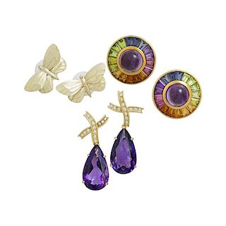 THREE PAIRS OF YELLOW GOLD OR COLORFUL GEM SET EARRINGS