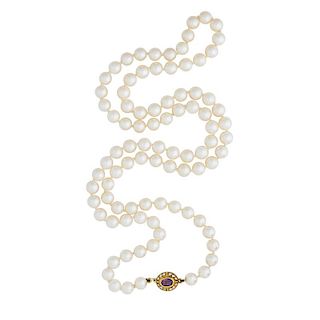 CARTIER PEARL NECKLACE WITH GEM SET GOLD CLASP