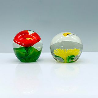 2pc Floral Motif Art Glass Paperweights