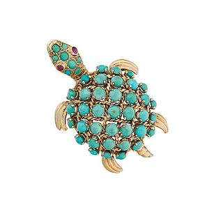 TURQUOISE & YELLOW GOLD TORTOISE BROOCH