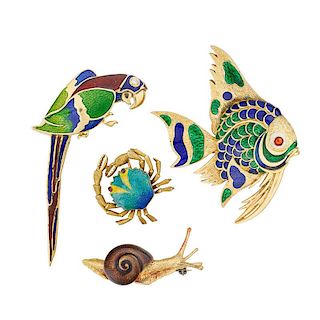 GROUP OF ENAMELED YELLOW GOLD ANIMAL BROOCHES
