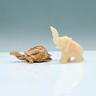 2pc Hand Carved Stone Elephant and Tortoise Figurines