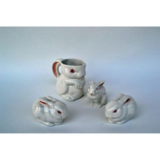 Boehm Porcelain Bunny Milk Mug, Rare And Three Early Male And Female Sitting Rabbits, 4 Pcs, 1954
