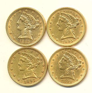 (4) $5.00 Liberty Gold Almost Mint