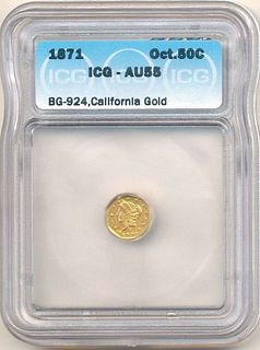 1871 BG-924 California Gold Octagon Half Dollar AU55 
