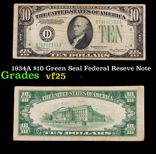 1934A $10 Green Seal Federal Reseve Note Grades vf+