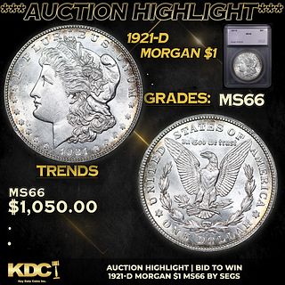 ***Auction Highlight*** 1921-d Morgan Dollar $1 Graded ms66 By SEGS (fc)