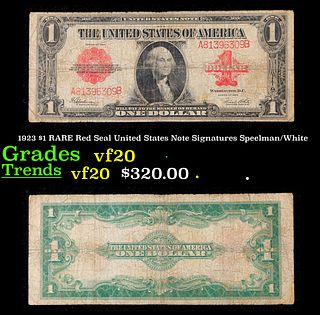 1923 $1 Red Seal United States Note RARE Grades vf, very fine Signatures Speelman/White
