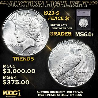 ***Auction Highlight*** 1923-s Peace Dollar $1 Graded ms64+ By SEGS (fc)