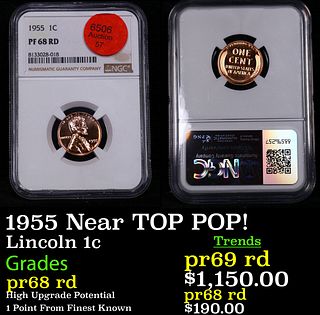 Proof NGC 1955 Lincoln Cent Near TOP POP! 1c Graded pr68 rd By NGC