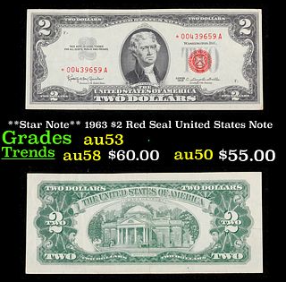 **Star Note** 1963 $2 Red Seal United States Note Grades Select AU