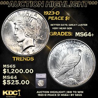 ***Auction Highlight*** 1923-d Peace Dollar $1 Graded ms64+ By SEGS (fc)