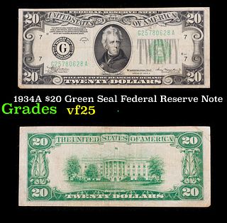 1934A $20 Green Seal Federal Reserve Note Grades vf+
