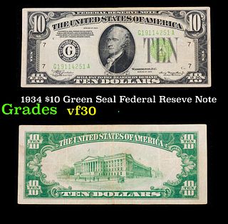 1934 $10 Green Seal Federal Reseve Note Grades vf++
