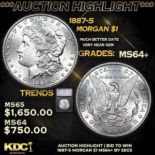 ***Auction Highlight*** 1887-s Morgan Dollar $1 Graded ms64+ By SEGS (fc)