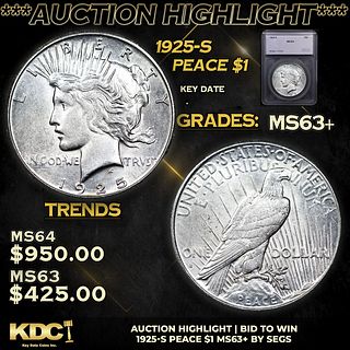 ***Auction Highlight*** 1925-s Peace Dollar $1 Graded ms63+ By SEGS (fc)