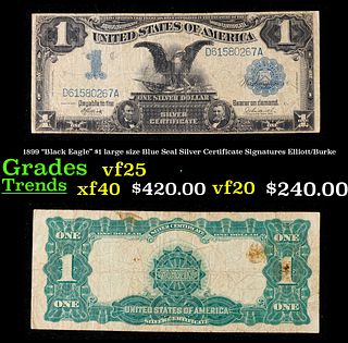 1899 "Black Eagle" $1 large size Blue Seal Silver Certificate Grades vf+ Signatures Elliott/Burke