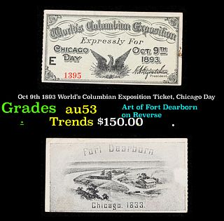 Oct 9th 1893 World's Columbian Exposition Ticket, Chicago Day Grades Select AU