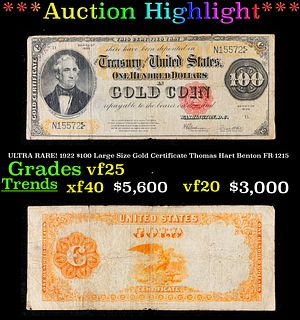 ***Auction Highlight*** ULTRA RARE! 1922 $100 Large Size Gold Certificate Thomas Hart Benton FR-1215  Grades vf+ (fc)