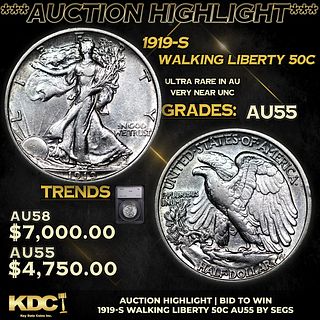 ***Auction Highlight*** 1919-s Walking Liberty Half Dollar 50c Graded au55 BY SEGS (fc)
