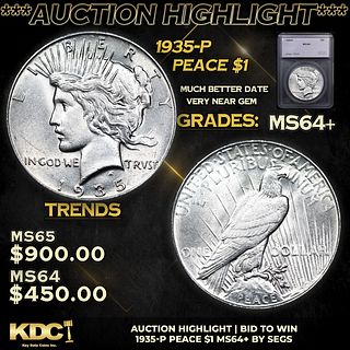 ***Auction Highlight*** 1935-p Peace Dollar $1 Graded ms64+ By SEGS (fc)