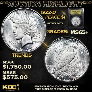 ***Auction Highlight*** 1922-d Peace Dollar $1 Graded GEM+ Unc By USCG (fc)