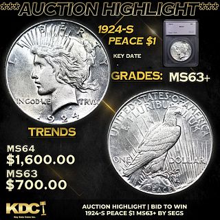 ***Auction Highlight*** 1924-s Peace Dollar $1 Graded ms63+ By SEGS (fc)