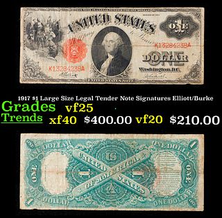 1917 $1 Large Size Legal Tender Note Grades vf+ Signatures Elliott/Burke